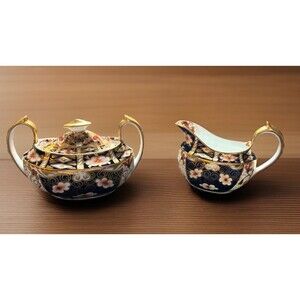 Royal Crown Derby Old Imari Creamer & Sugar Bowl w Lid England Gold Set
